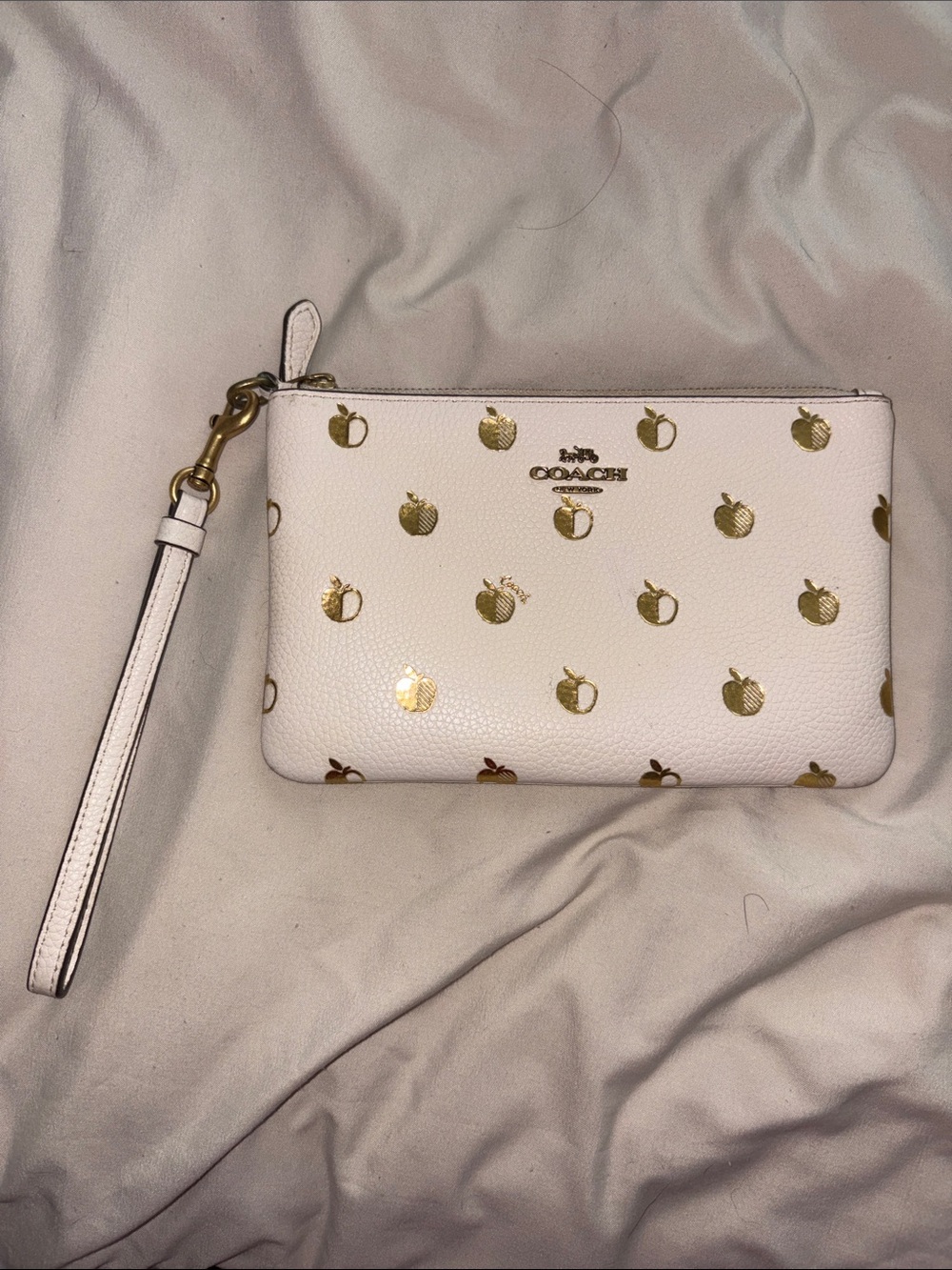 Coach Ivory Leather Wristlet with Gold Apple Accents